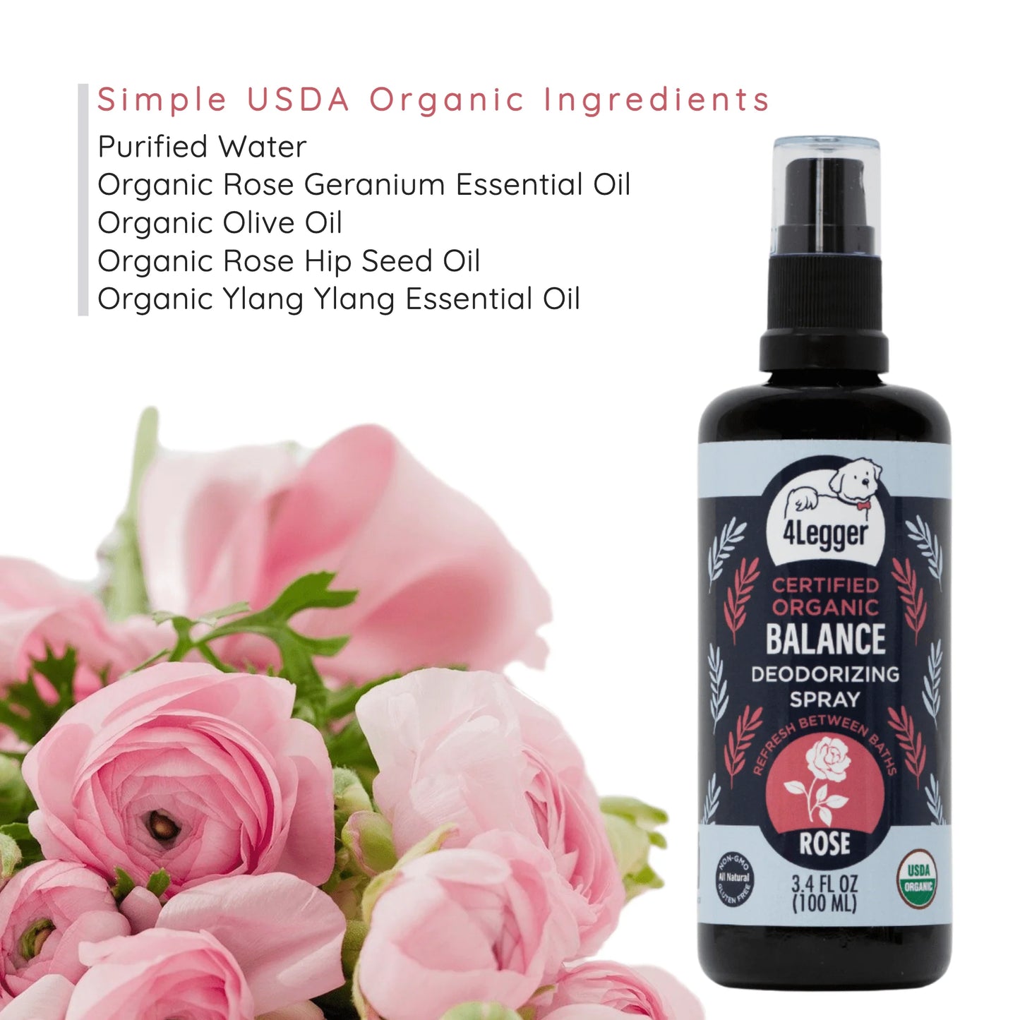 Broluxe Ltd. Co. XL American Bully 4-Legger BALANCE - Deodorizing Spray - Rose - USDA Certified Organic