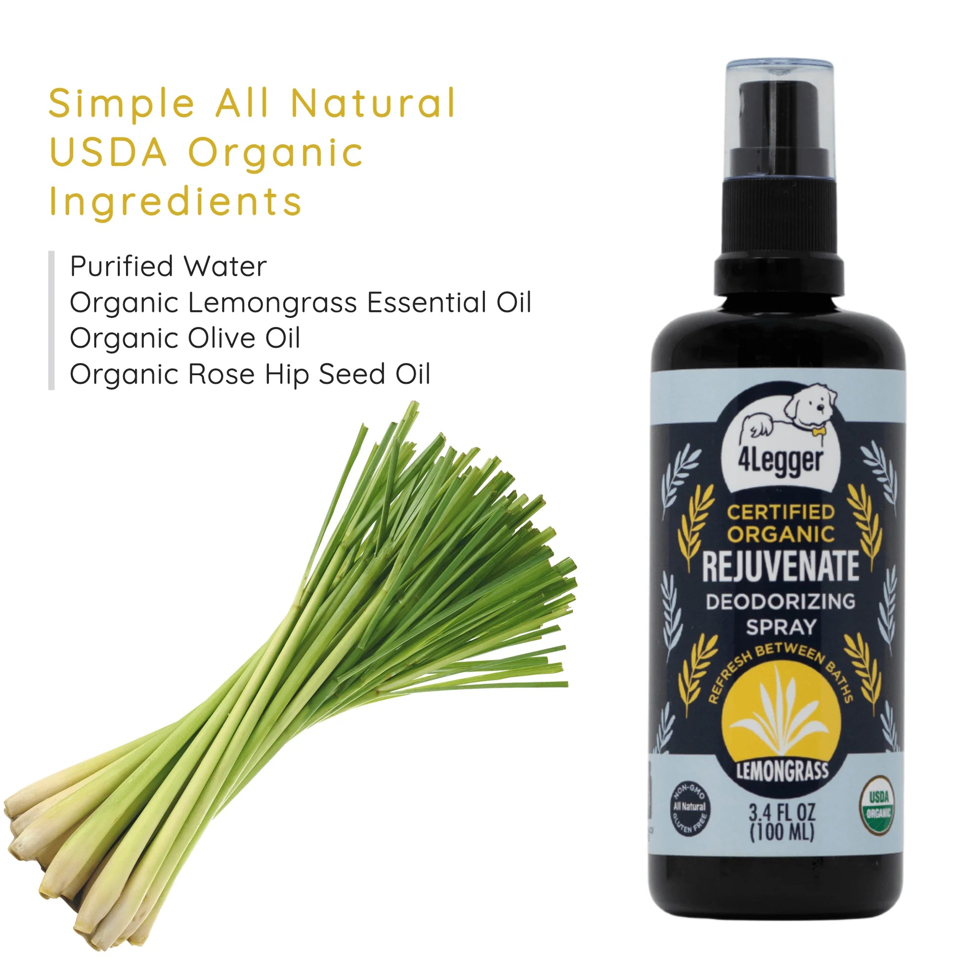 Broluxe Ltd. Co. XL American Bully 4-Legger REJUVENATE - Deodorizing Spray - Lemongrass - USDA Certified Organic